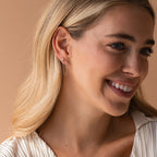 A woman with long blonde hair smiles, wearing a cream top and the Opal Stud & Pave Hoop Earrings against a beige background.
