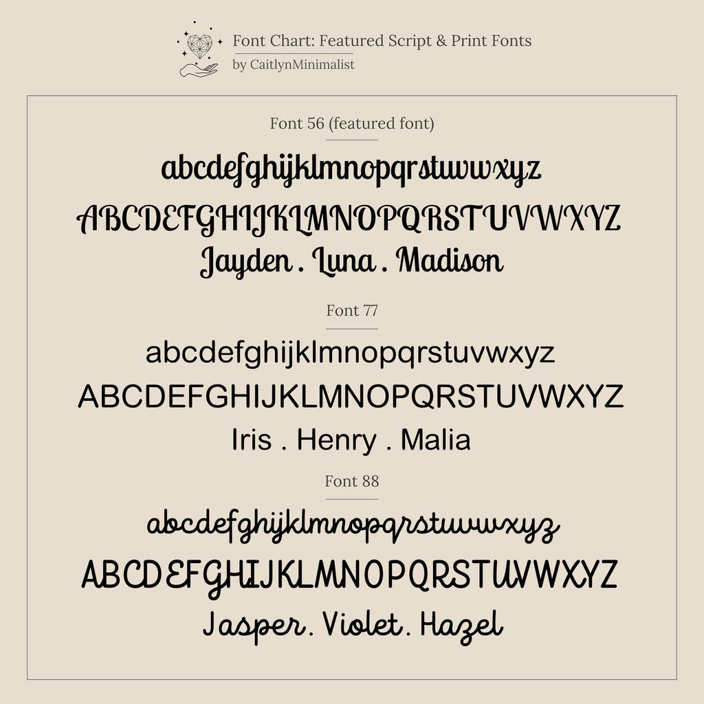 Sample text in three fonts featuring uppercase, lowercase, and names is shown on a beige background—ideal for designing your Custom Bead Heart Necklace.