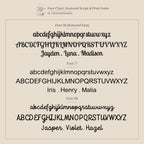 Sample text in three fonts featuring uppercase, lowercase, and names is shown on a beige background—ideal for designing your Custom Bead Heart Necklace.