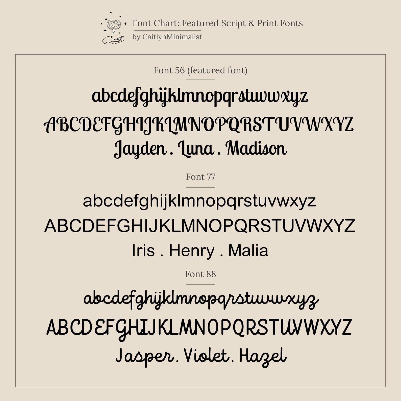 Sample text in three fonts featuring uppercase, lowercase, and names is shown on a beige background—ideal for designing your Custom Bead Heart Necklace.