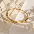 The Aris Hinge Bangle, in gold and silver tones, rests on a textured cream-colored surface with soft shadows and dried leaves nearby.