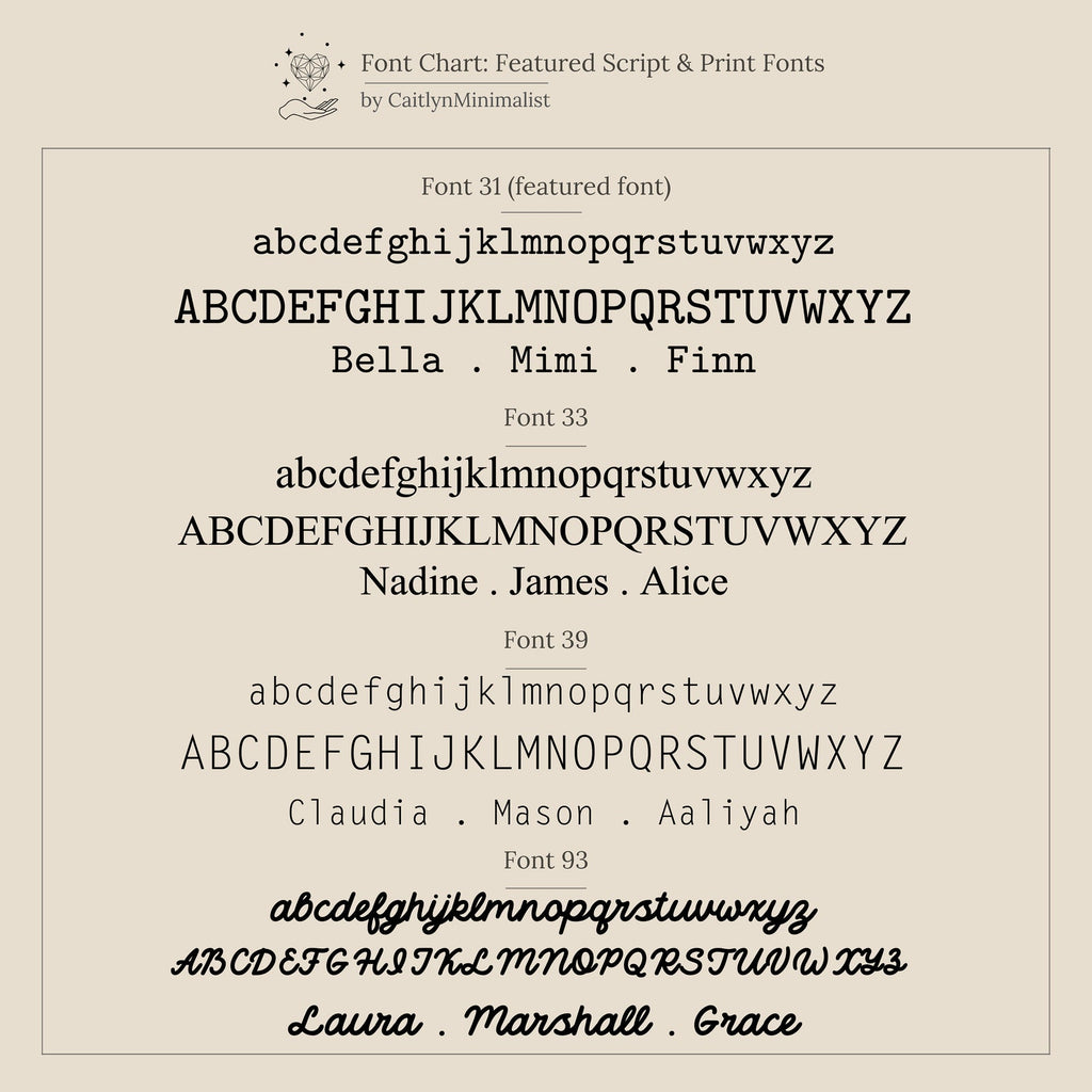 Font chart displaying four unique script and print fonts with sample names in various styles—ideal for selecting the perfect look for your Custom Message Cuff or personalized gift.