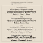 Font chart displaying four unique script and print fonts with sample names in various styles—ideal for selecting the perfect look for your Custom Message Cuff or personalized gift.
