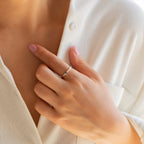 A person in a white shirt touches their chest with a hand adorned by the Mini Birthstone Ring in Sterling Silver, adding an elegant touch.