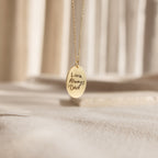 Oval Fingerprint Necklace featuring an engraved oval pendant with "Love Always Dad"—a meaningful piece of memorial jewelry displayed on a soft, neutral background.