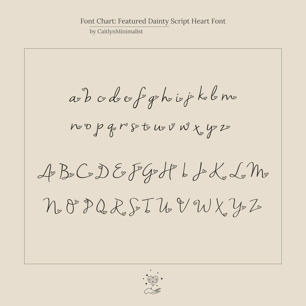 The Letter Heart Necklace features an elegant, dainty script alphabet chart with both uppercase and lowercase letters—ideal for creating a personalized or minimalist everyday necklace.