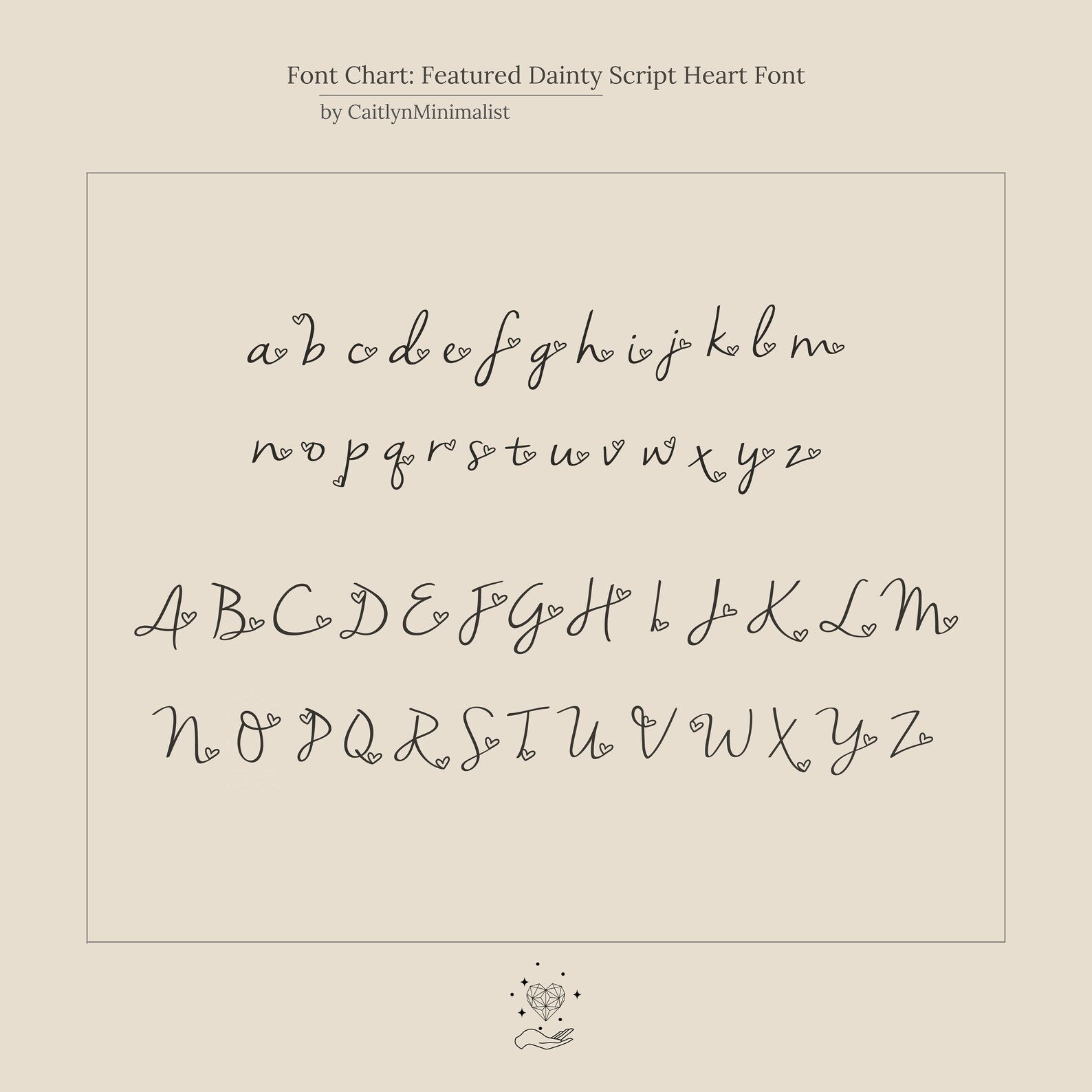 The Letter Heart Necklace features an elegant, dainty script alphabet chart with both uppercase and lowercase letters—ideal for creating a personalized or minimalist everyday necklace.