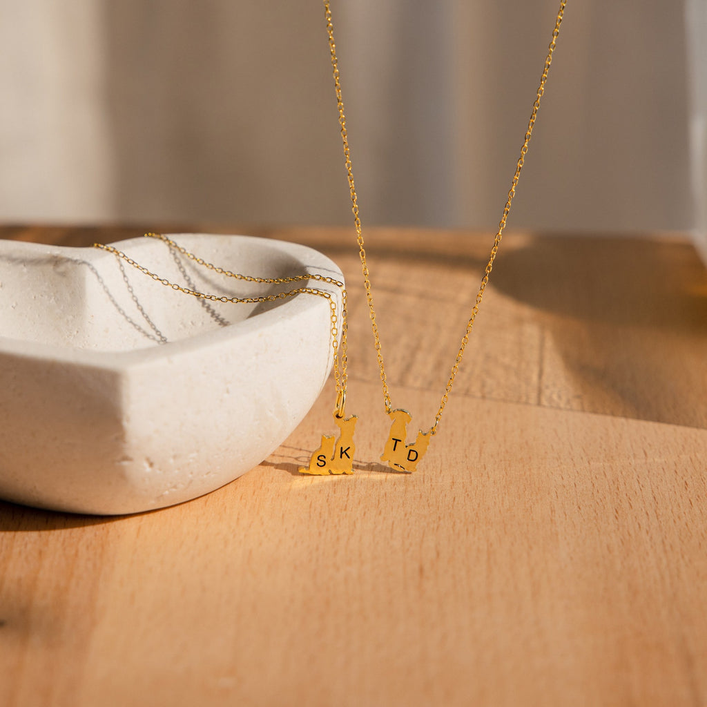 Two Pet Initial Necklaces—one with SK, one with T—are displayed on wood next to a white bowl. A perfect personalized gift for pet lovers or as a keepsake honoring your furry friend.