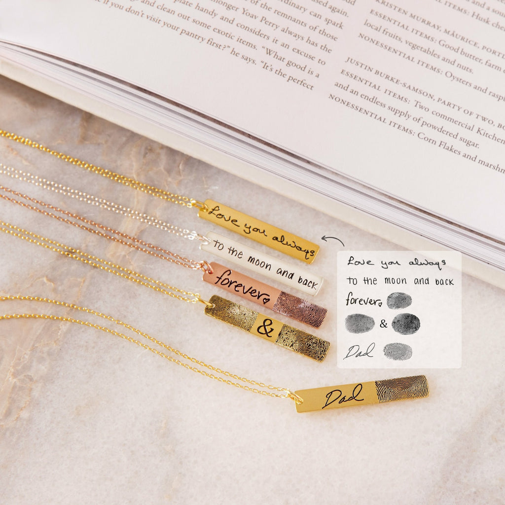 Three Vertical Handwriting Bar Necklaces engraved with "Love you always," "forever &," and "Dad" plus a handwritten note—perfect personalized custom jewelry gifts.