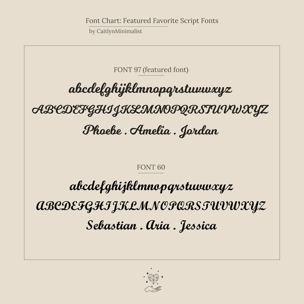 Font chart showcasing two script fonts, FONT 97 and FONT 60, with sample names and full alphabets—ideal for designing your personalized Infinity Name Necklace as a unique anniversary gift.