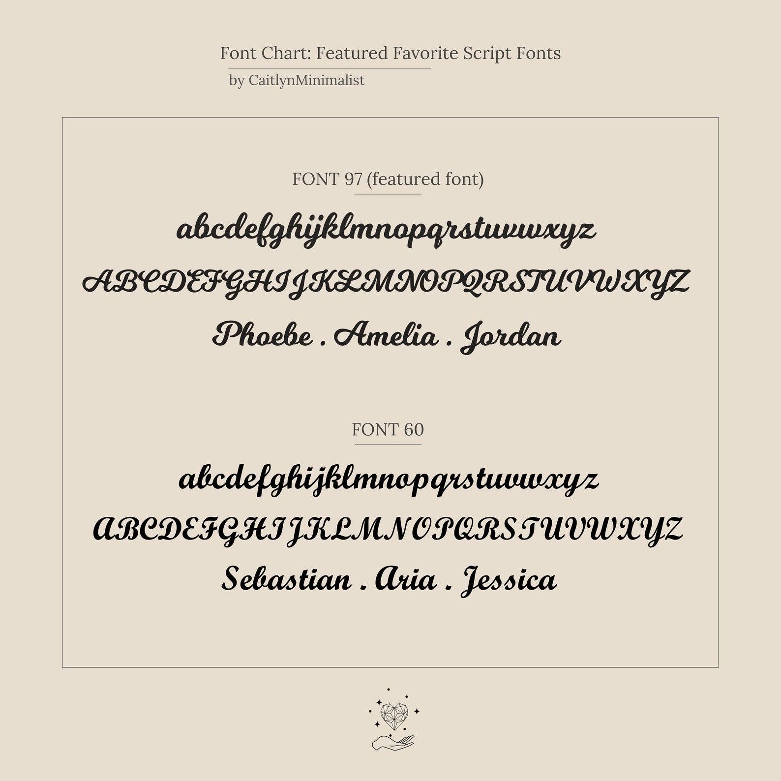 Font chart showcasing two script fonts, FONT 97 and FONT 60, with sample names and full alphabets—ideal for designing your personalized Infinity Name Necklace as a unique anniversary gift.