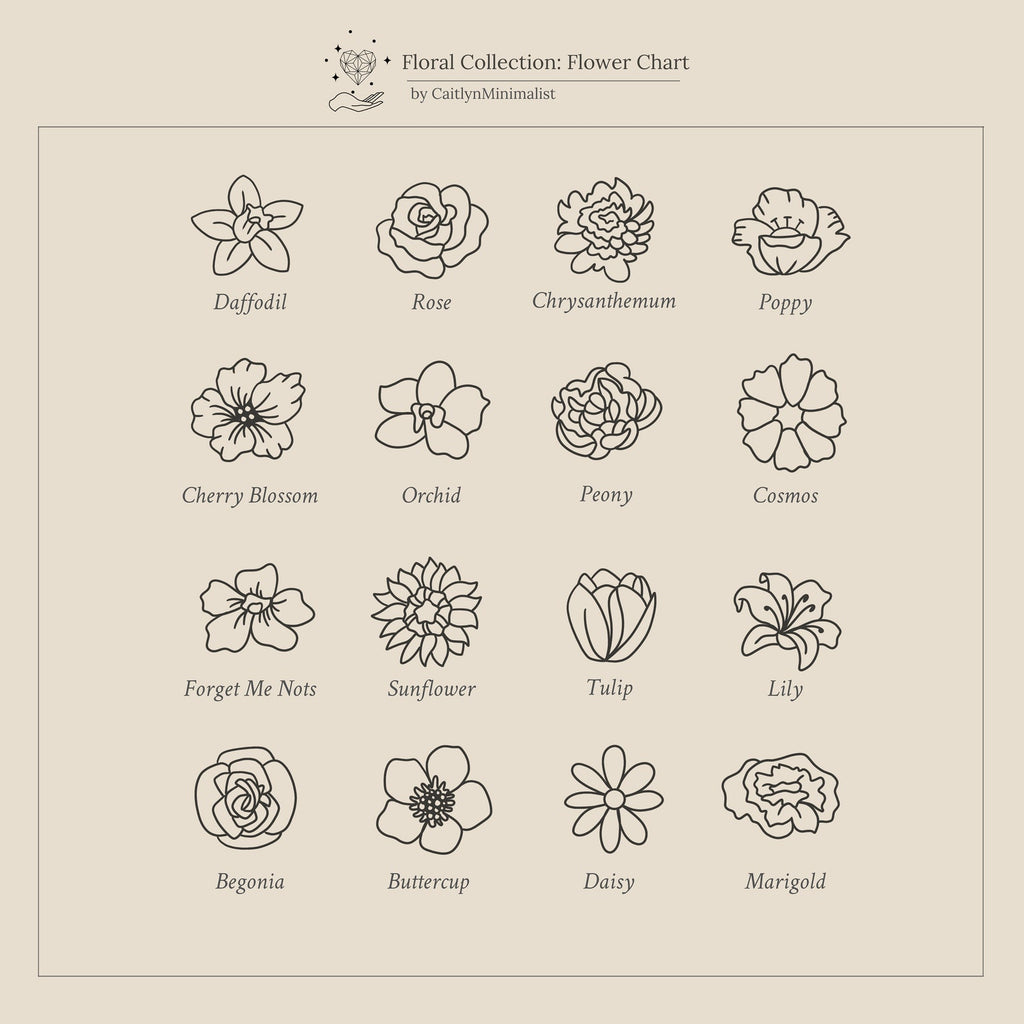 The Flower Station Necklace is inspired by 16 minimalist line drawings of different flower types, each labeled with its name—making it a thoughtful gift for her and a beautiful piece for floral jewelry inspiration.