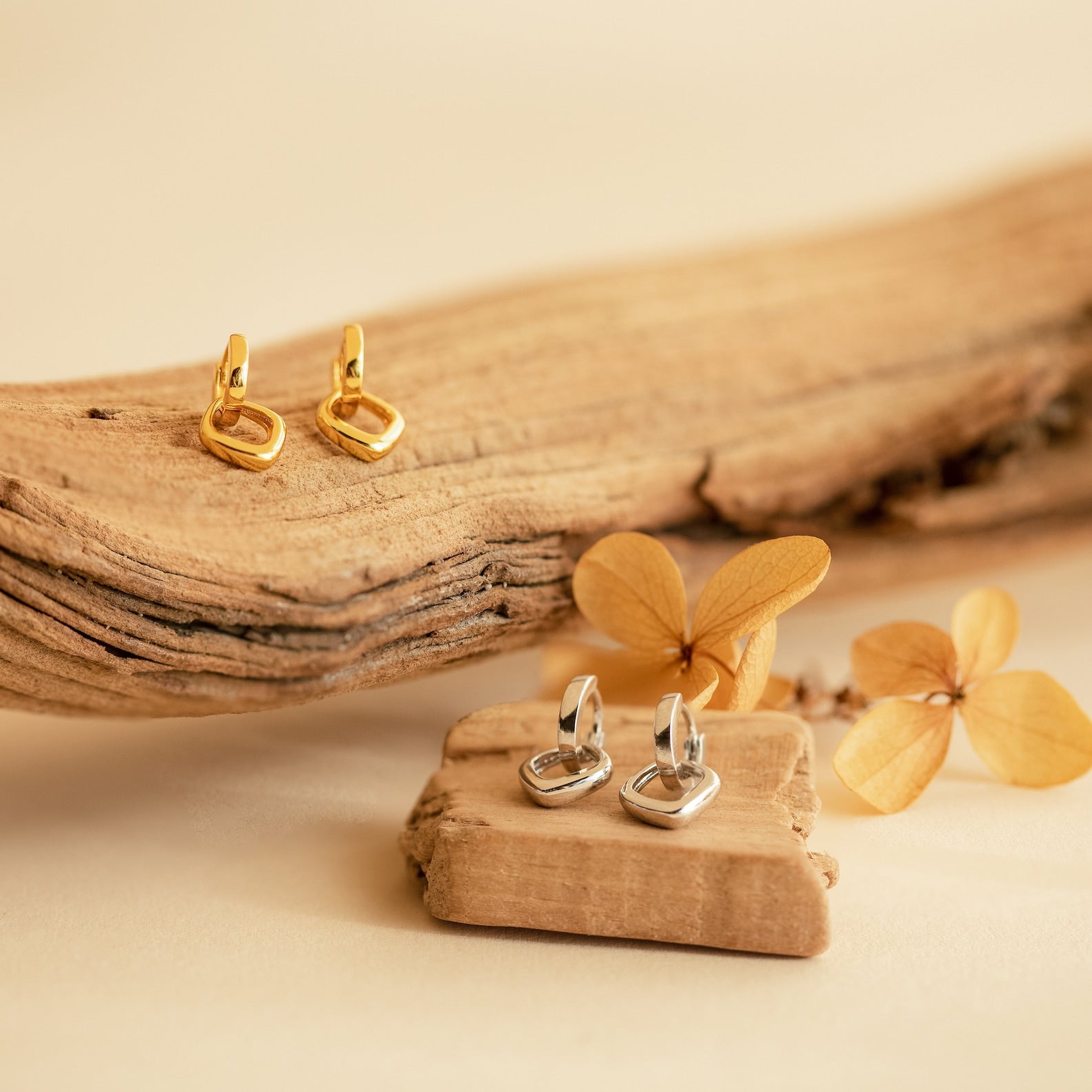 Reagan Duo Huggies: chic double hoop dangle earrings in gold and silver, displayed on driftwood with dried flowers—ideal for lovers of minimalist huggie hoops and elegant style.