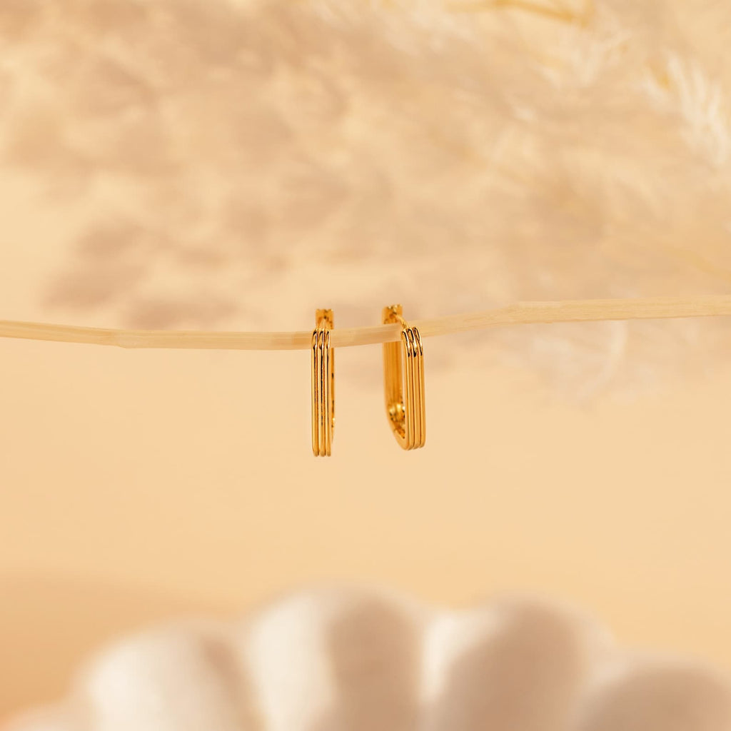 Large Ribbed Link Hoops hang from a thin branch against a soft beige background with blurred décor, ideal for lovers of minimalist jewelry.