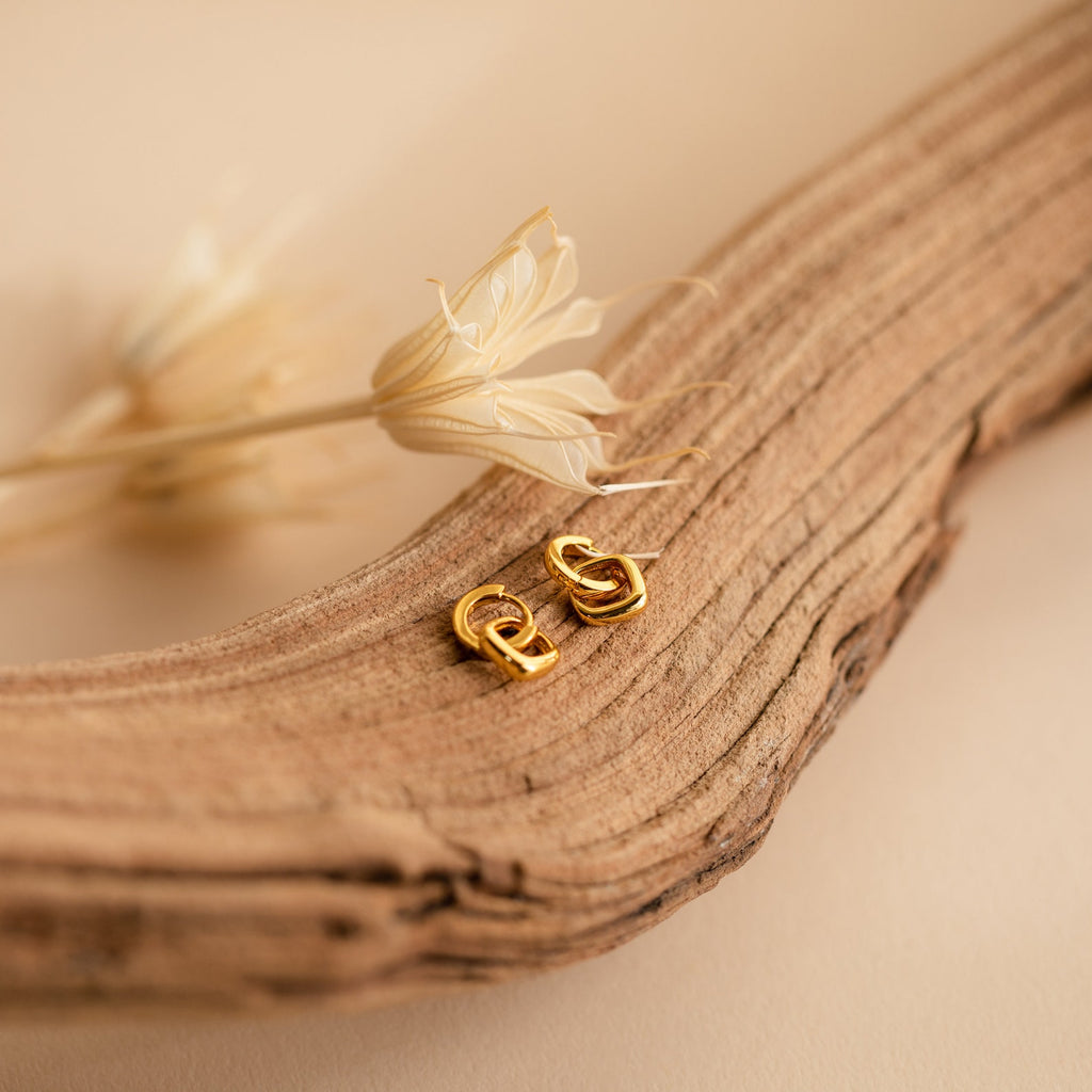 Reagan Duo Huggies, gold geometric double hoop dangle earrings, rest on a textured wooden branch with dried flowers in the background, creating a chic and elegant look.