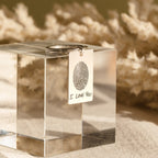 Fingerprint Rectangle Keychain with "I Love You" engraving, beautifully displayed on a clear acrylic block—a personalized keepsake for any occasion.