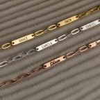 Three metal chain bracelets with nameplates—Grace, Owen, Camila, Daniel, Lilian, and Sam—ideal for stacking or pairing with a Mini Name Bar Necklace to create your unique style.