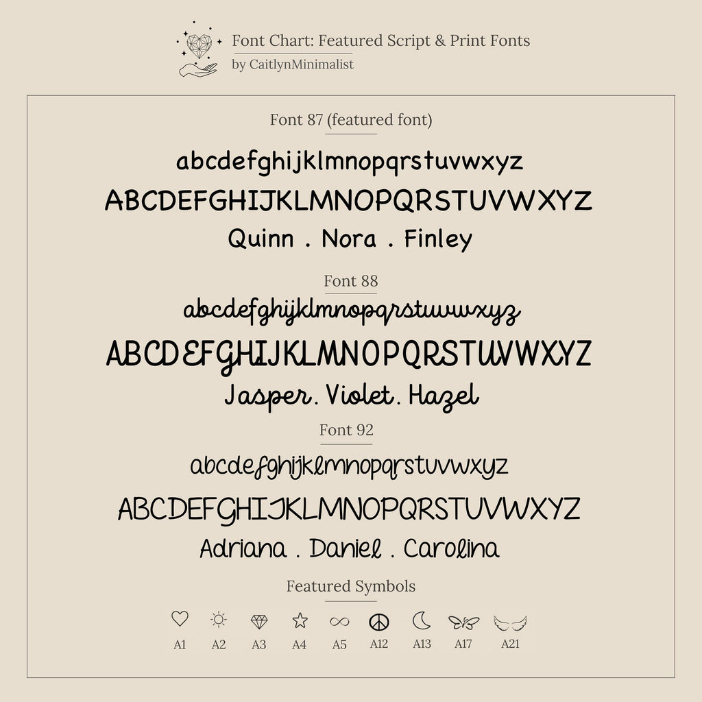 Beige chart showcasing three font options with sample names and symbols, ideal for designing the Maine Kid's Name Necklace or other personalized kids jewelry.