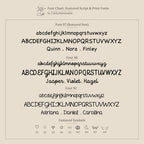 Beige chart showcasing three font options with sample names and symbols, ideal for designing the Maine Kid's Name Necklace or other personalized kids jewelry.