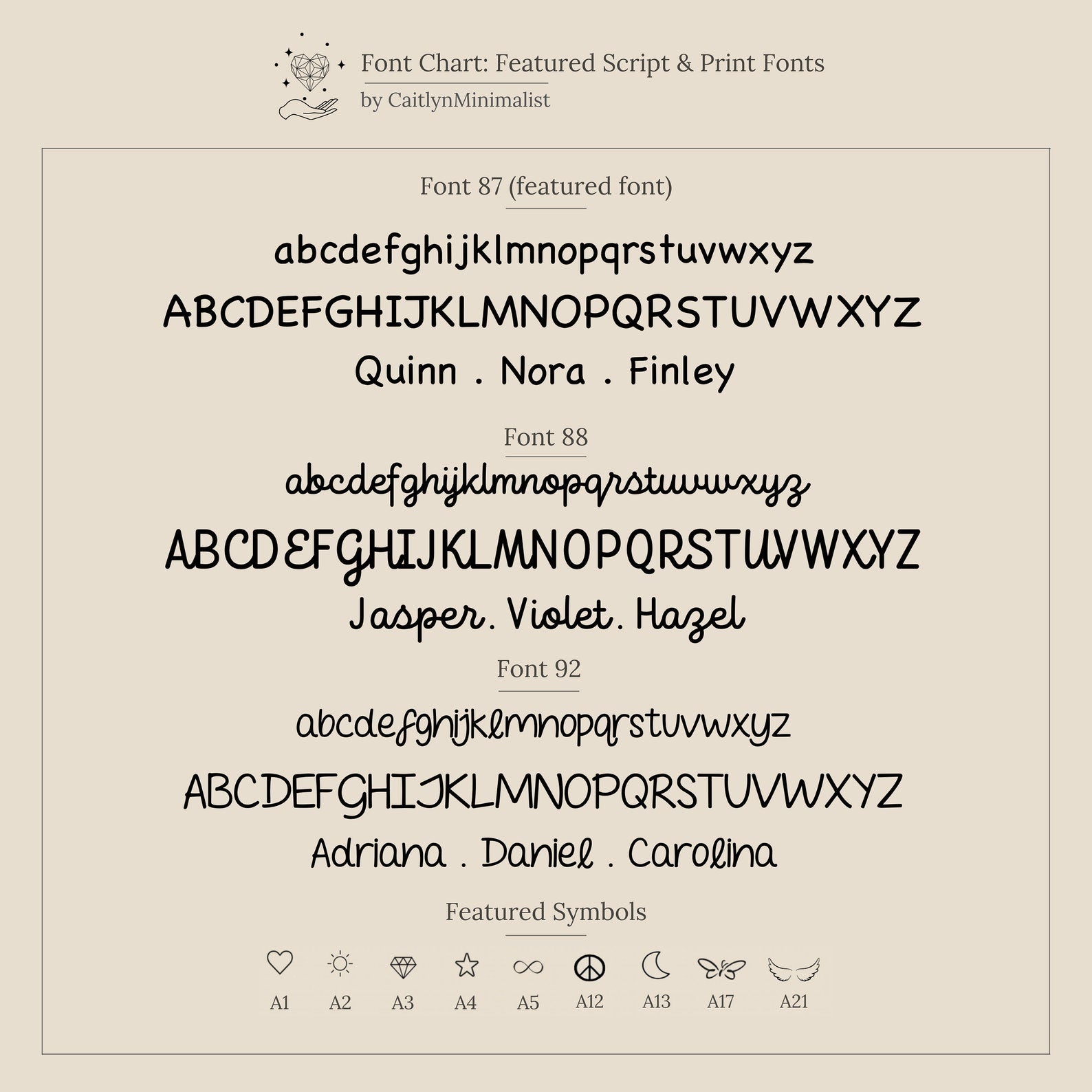 Beige chart showcasing three font options with sample names and symbols, ideal for designing the Maine Kid's Name Necklace or other personalized kids jewelry.