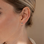 Close-up of a woman's ear wearing Haven Emerald Eye Studs, her light brown hair pulled back.
