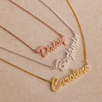 The Natural Name Necklace in Box Chain comes customized with Daisy, Benjamin, and Caroline in gold, silver, and rose gold—a thoughtful minimalist gift for any occasion.