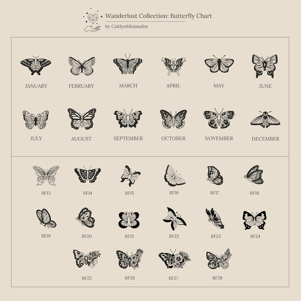 A chart of black and white butterfly illustrations labeled with codes—perfect for choosing a unique design for your Butterfly Name Necklace in Box Chain or creating a personalized gift.
