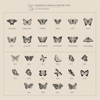 A chart of black and white butterfly illustrations labeled with codes—perfect for choosing a unique design for your Butterfly Name Necklace in Box Chain or creating a personalized gift.