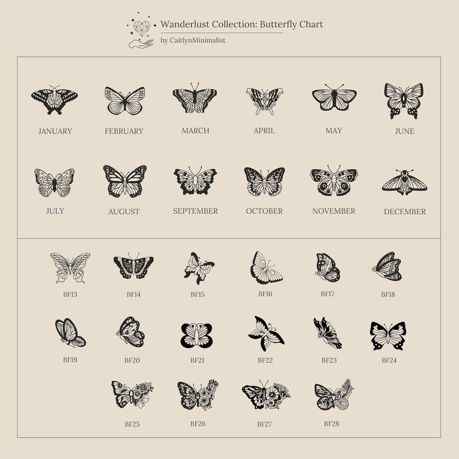 A chart of black and white butterfly illustrations labeled with codes—perfect for choosing a unique design for your Butterfly Name Necklace in Box Chain or creating a personalized gift.