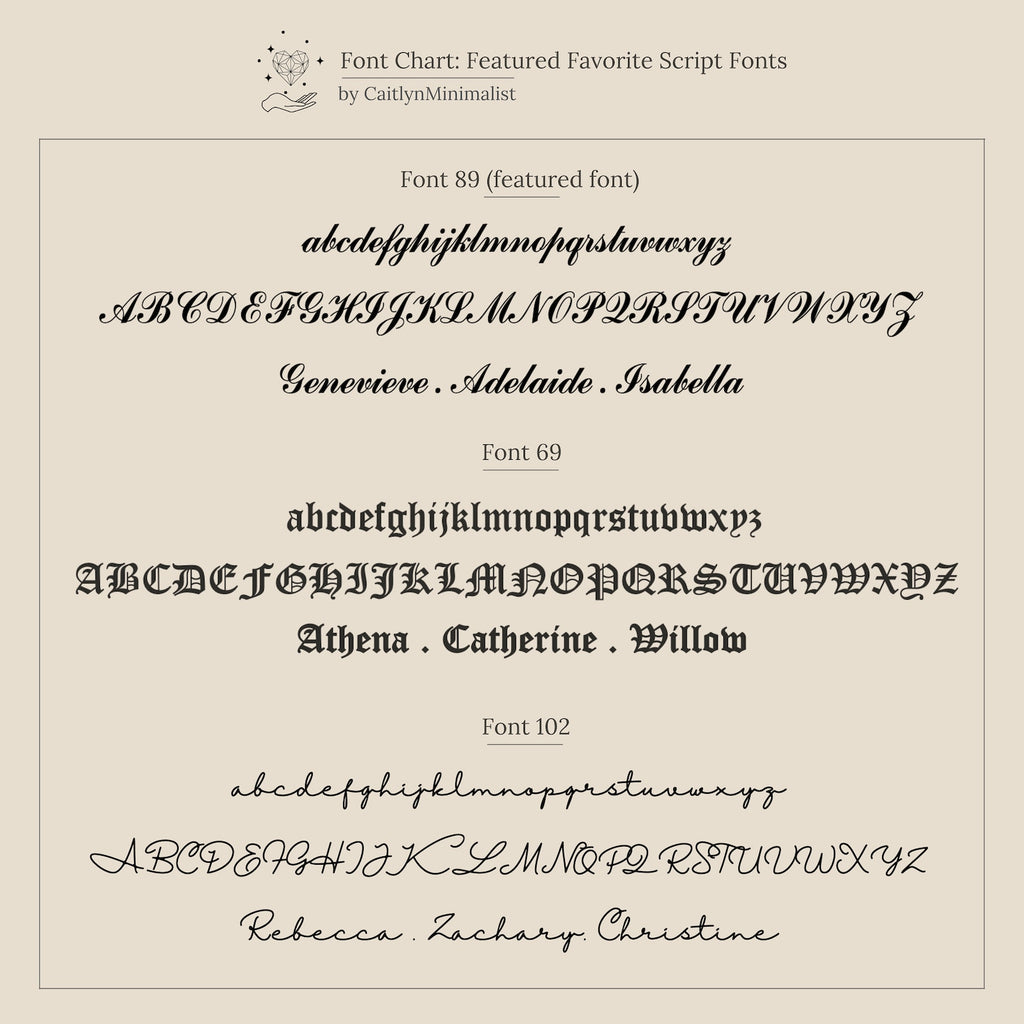 A font chart shows three elegant script fonts with uppercase and lowercase samples and names, ideal for customizing your Butterfly Name Necklace in Box Chain or creating a personalized butterfly pendant.