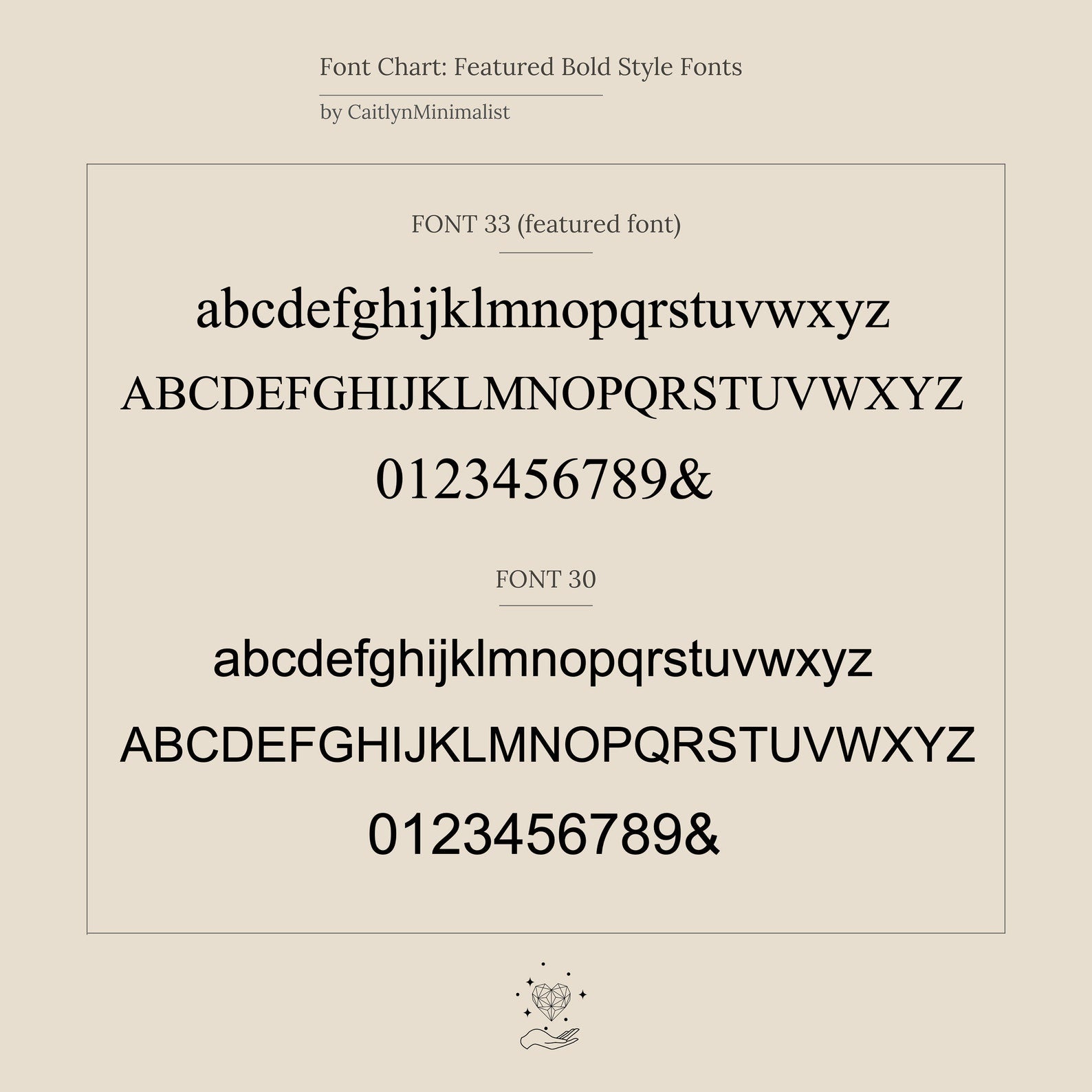 A chart displays two bold serif fonts with uppercase, lowercase letters, and numbers—perfect for customizing the Newsletter Pearl Initial Necklace with a minimalist jewelry look.