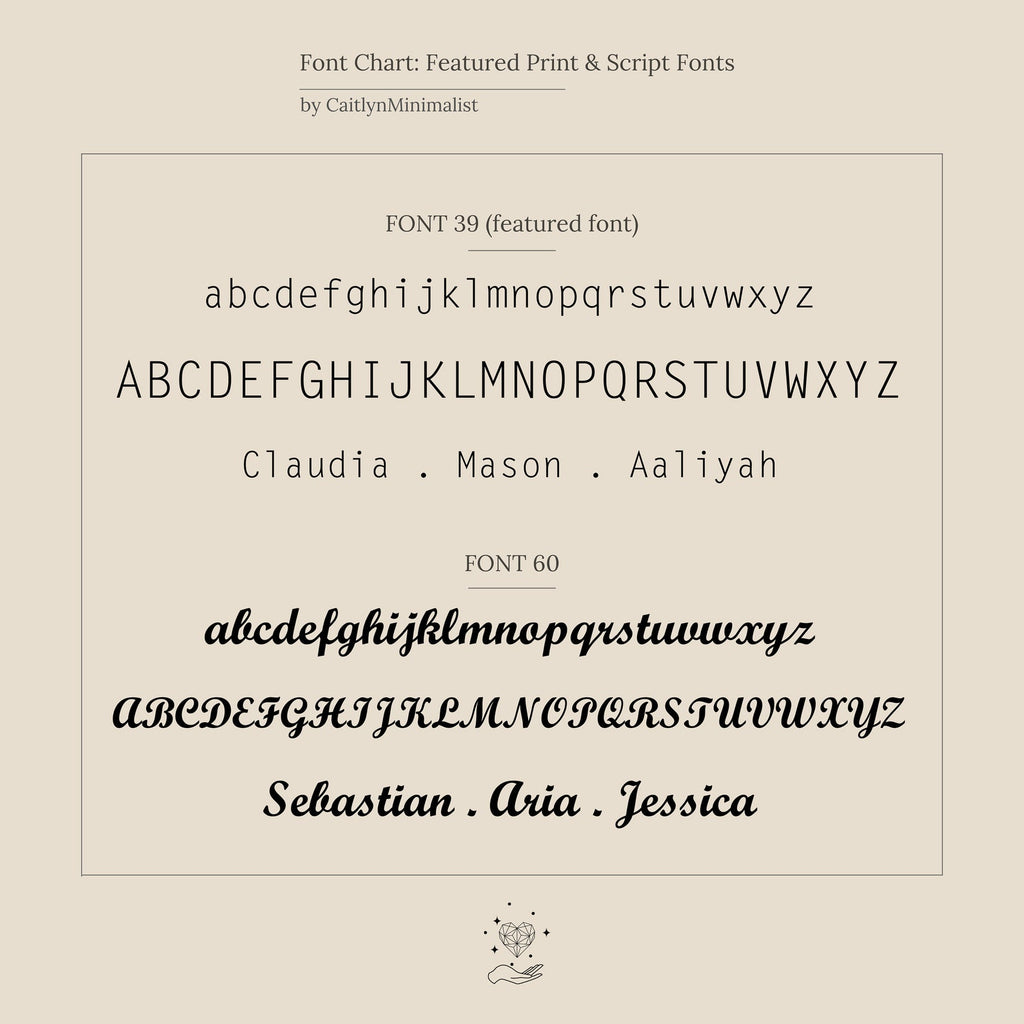 Font chart featuring two fonts—a simple sans-serif and a decorative script—displaying sample names in each style, perfect for designing your custom Mini Name Bar Necklace.