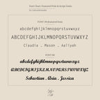 Font chart featuring two fonts—a simple sans-serif and a decorative script—displaying sample names in each style, perfect for designing your custom Mini Name Bar Necklace.