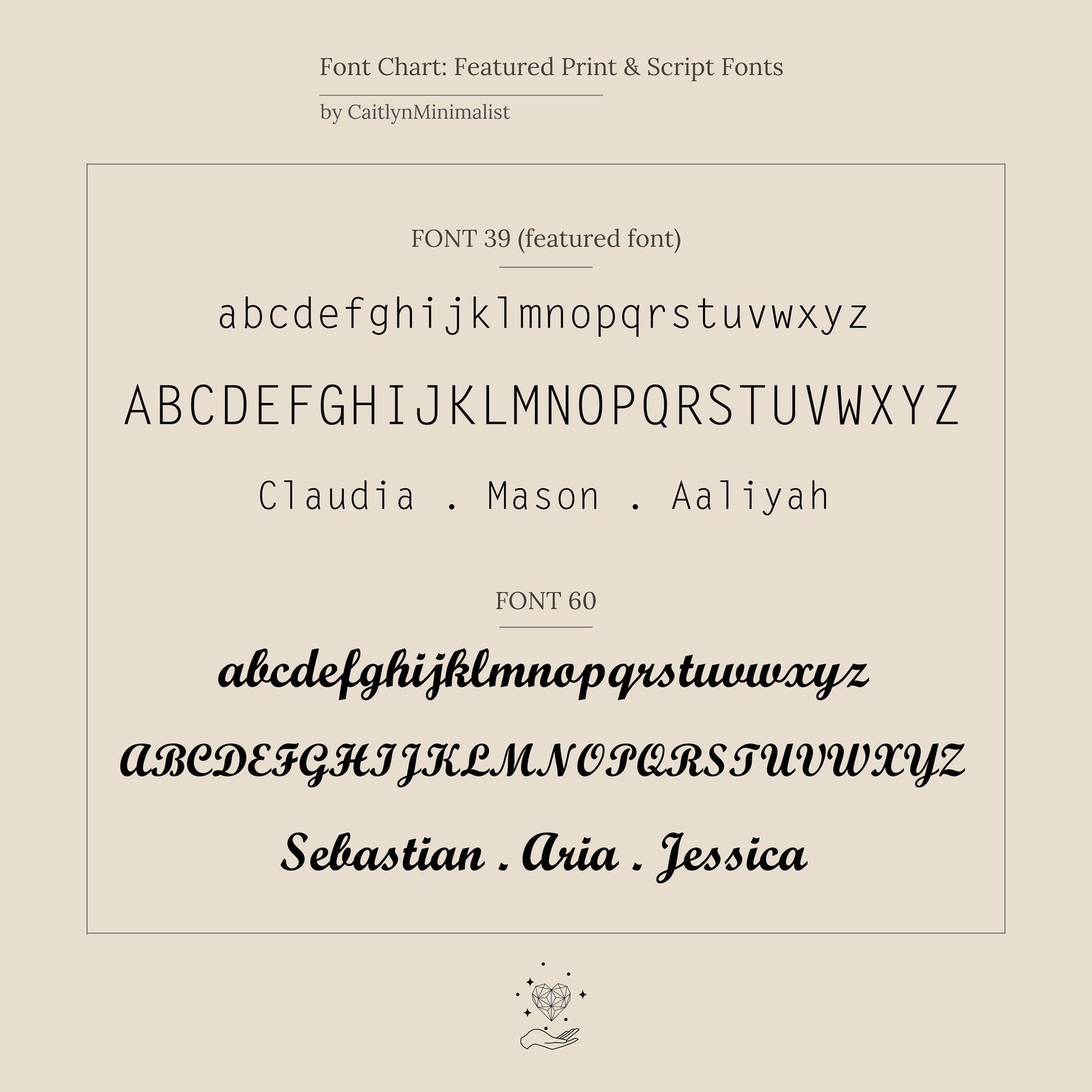 Font chart featuring two fonts—a simple sans-serif and a decorative script—displaying sample names in each style, perfect for designing your custom Mini Name Bar Necklace.