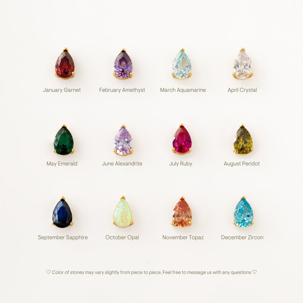 Twelve teardrop gemstone earrings, each labeled by month and matching birthstone—perfect to pair with the Ophelia Birthstone Necklace for a coordinated look.