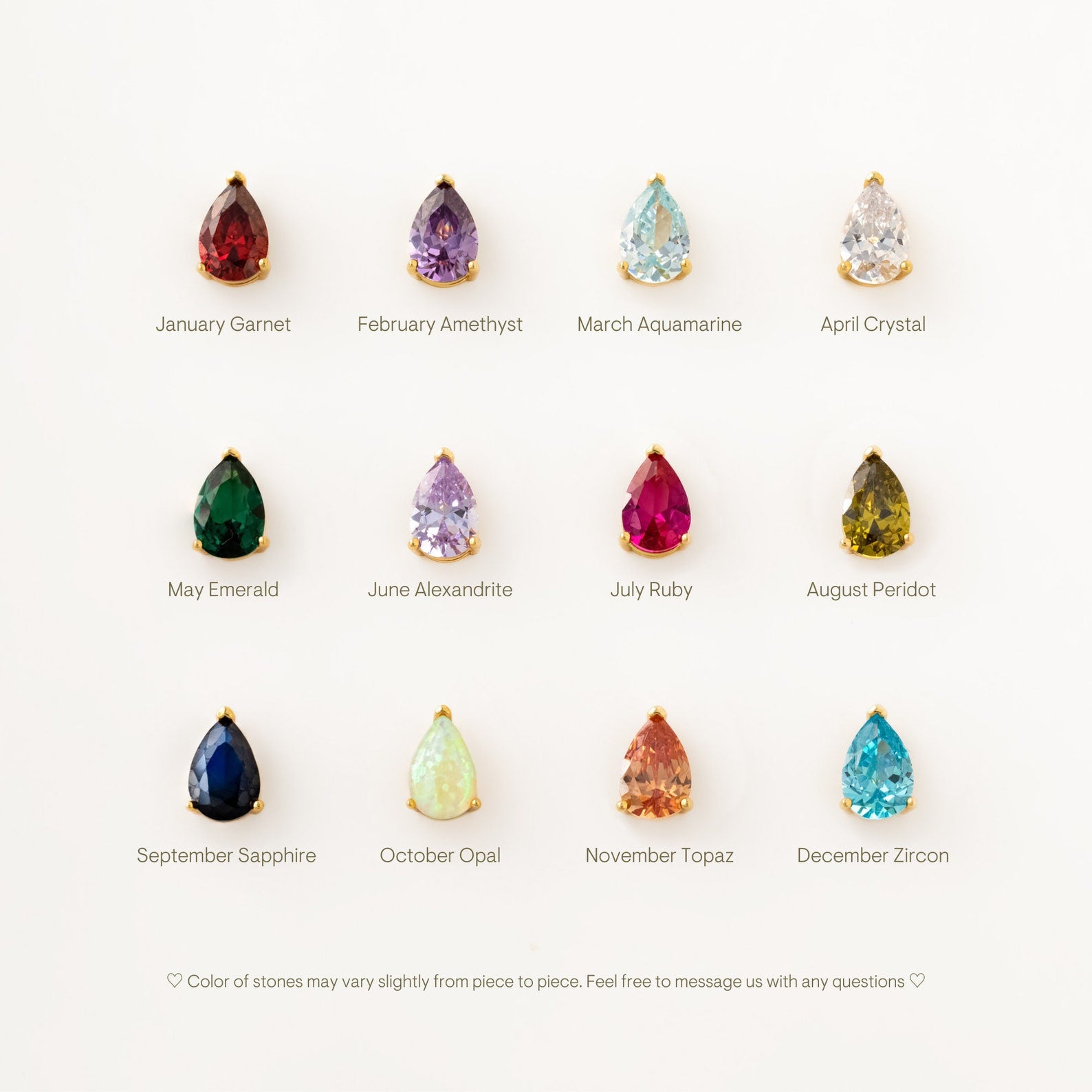 Twelve teardrop gemstone earrings, each labeled by month and matching birthstone—perfect to pair with the Ophelia Birthstone Necklace for a coordinated look.