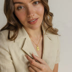 A woman with wavy brown hair, dressed in a beige blazer, wears the Initial Rectangle Pendant Necklace and looks at the camera.