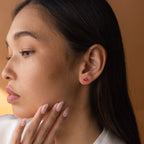 A woman with long dark hair wears Booker Large Birthstone Studs and touches her chin thoughtfully against a brown background—a perfect inspiration for a meaningful jewelry gift.