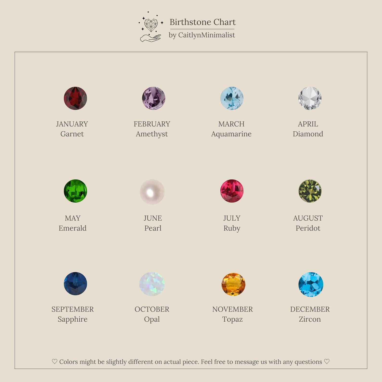A chart displaying birthstones by month, each as a colored gem on a neutral background—perfect inspiration for gifting Booker Large Birthstone Studs or choosing your own meaningful jewelry.