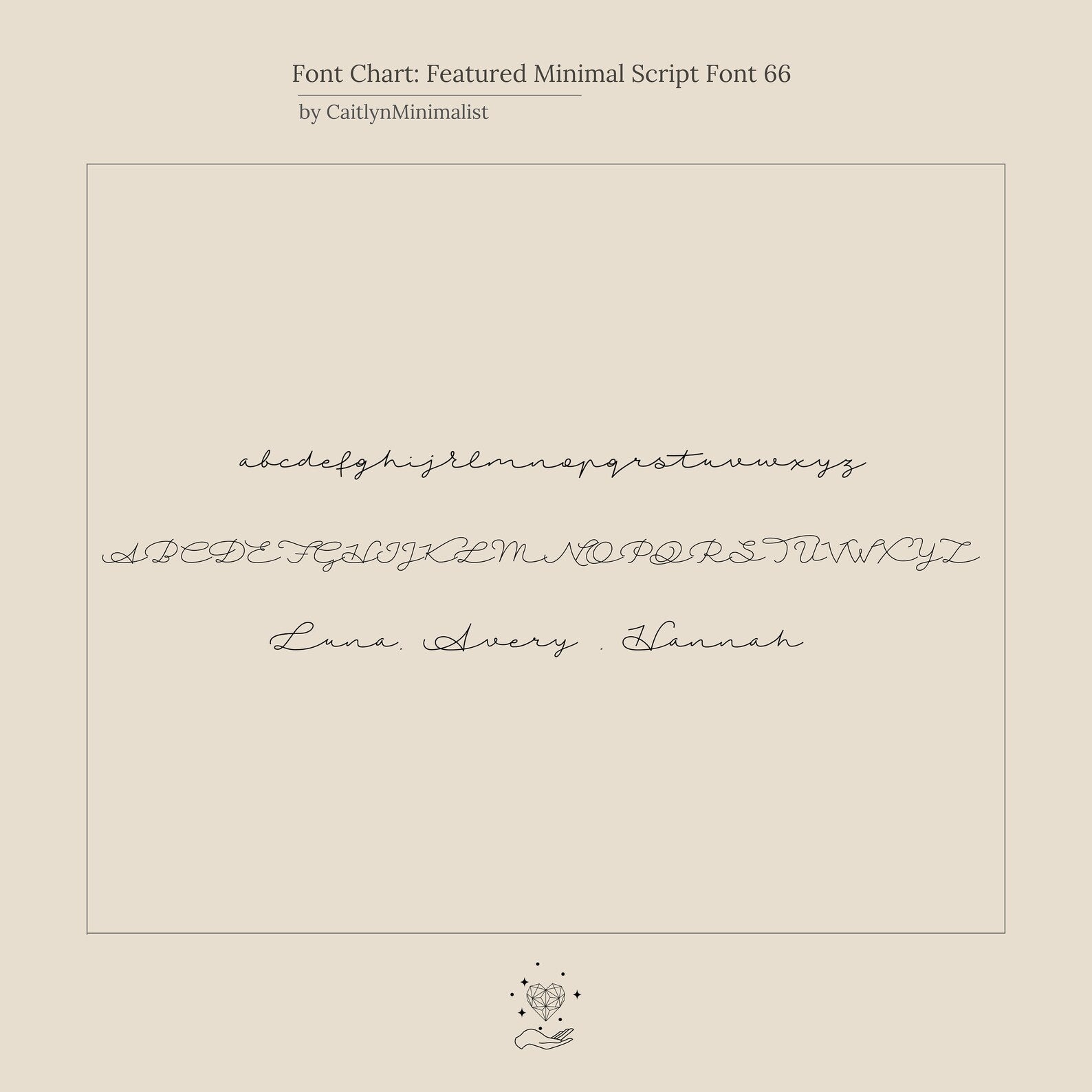 The Minimal Sideways Name Necklace features a minimal script font chart with lowercase, uppercase, and example words on a beige background—ideal for inspiring unique off-center name or dainty accessory designs.