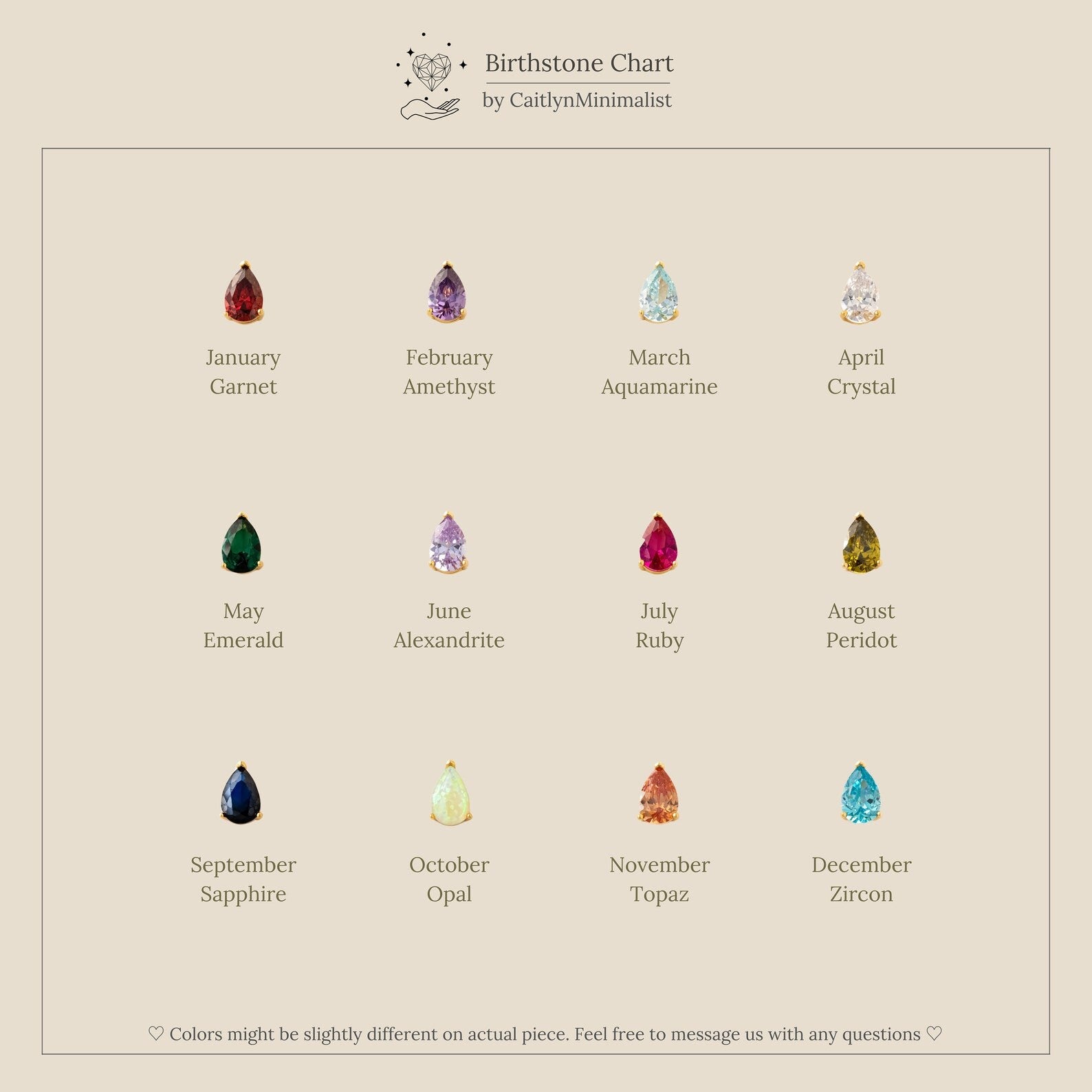 Birthstone chart featuring twelve marquise gemstones, each labeled by month and gemstone name—ideal for selecting a Marquise Birthstone Necklace.