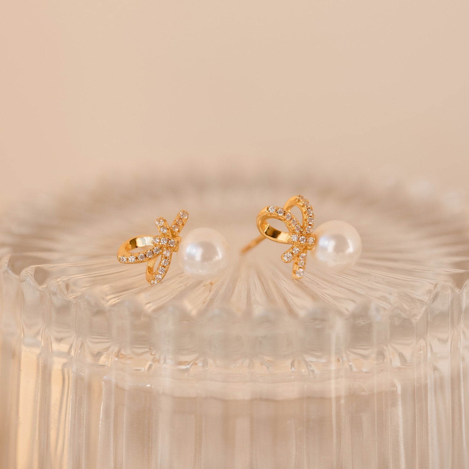 Pave Bow Pearl Studs