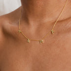 Close-up of a Mama Necklaces piece on a persons neck, showcasing letter charms that spell MAMA—an ideal gift for mom, beautifully crafted from elegant 925 sterling silver.