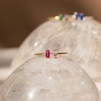 The Duo Vertical Baguette Ring features two rectangular stones, one pink and one clear, set on gold and displayed atop a crystal dome—a stunning custom birthstone ring, perfect as a personalized gift.