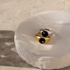 Two Natasha Black Signet Rings in gold and silver, each featuring black stone accents, are displayed on a textured white dish.