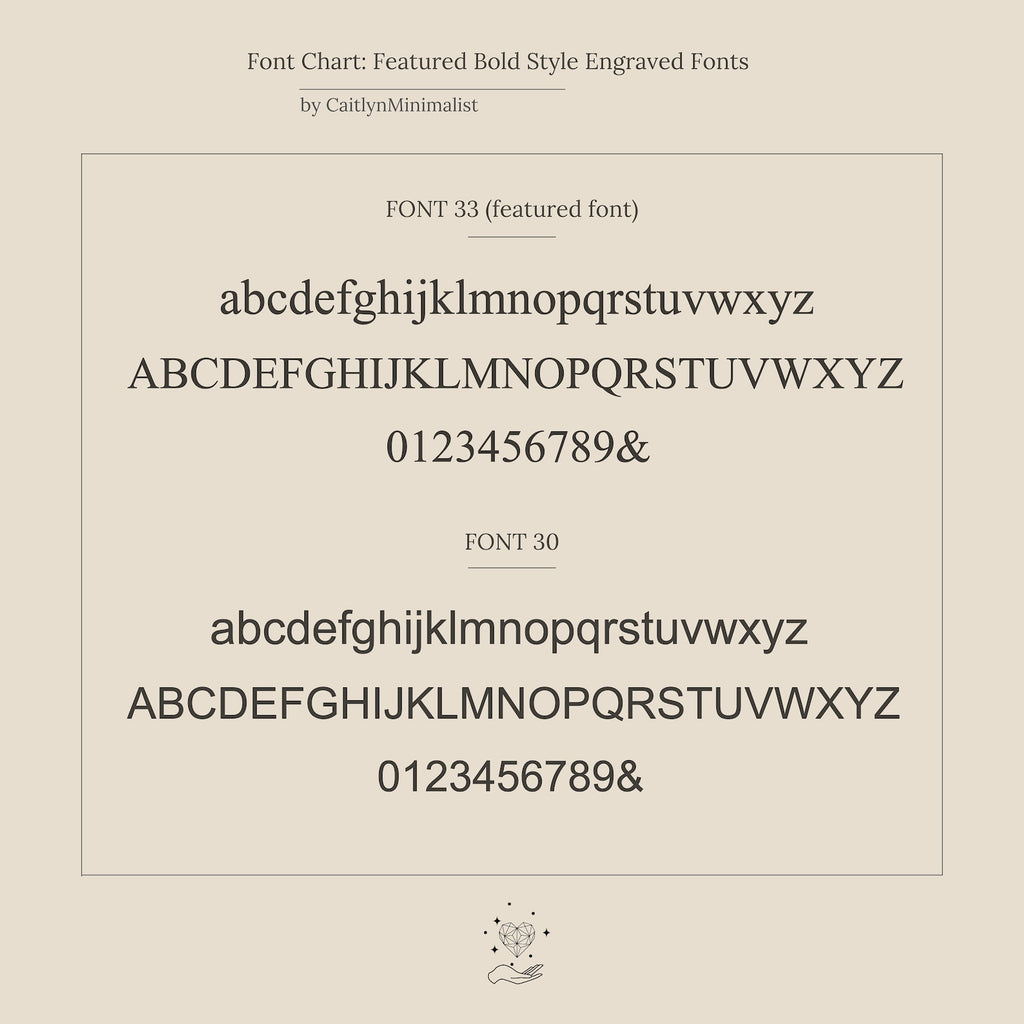 Font chart comparing FONT 33 and FONT 30, showing uppercase, lowercase, and numbers—ideal for selecting the perfect style for your personalized Dainty Bar Name Necklace.