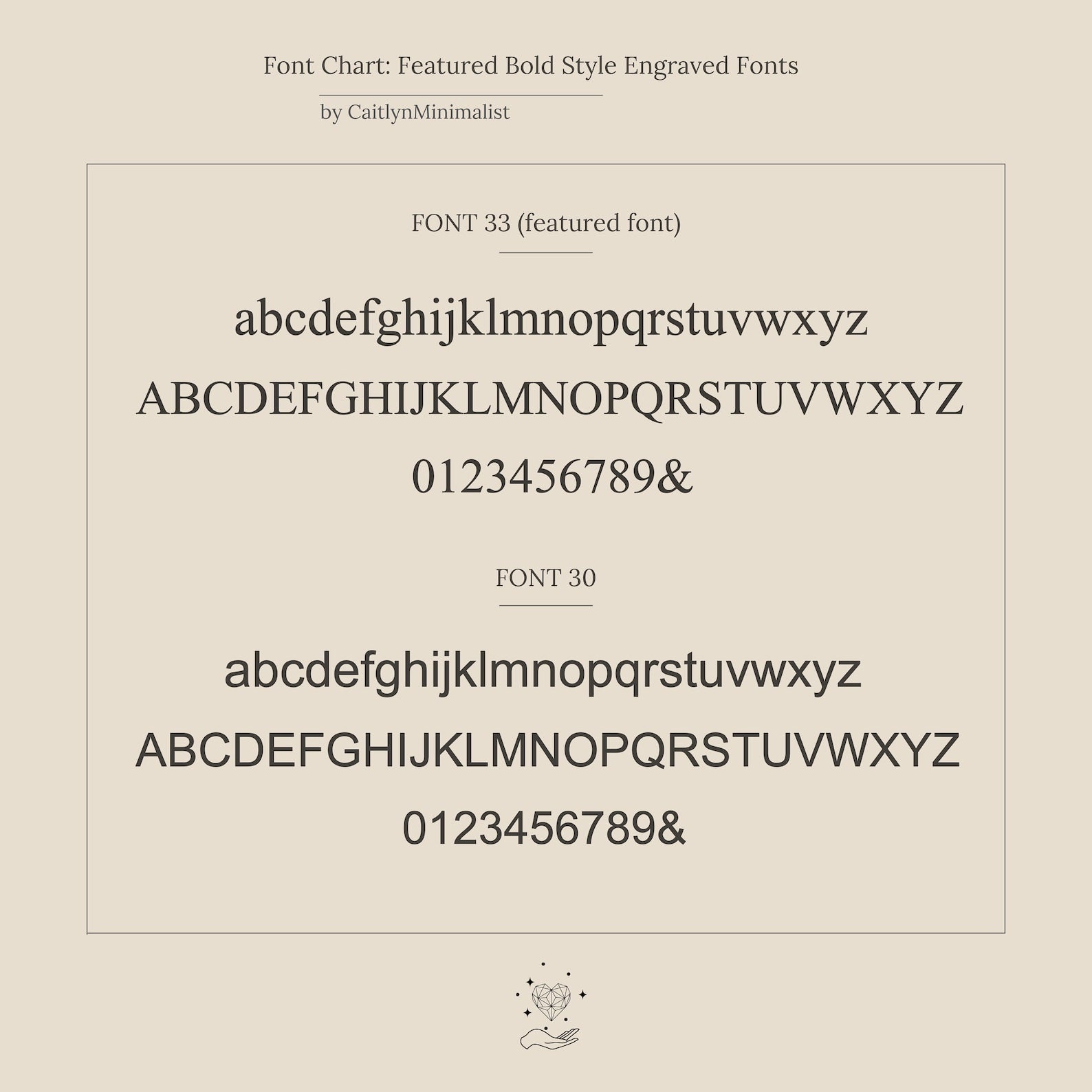 Font chart comparing FONT 33 and FONT 30, showing uppercase, lowercase, and numbers—ideal for selecting the perfect style for your personalized Dainty Bar Name Necklace.