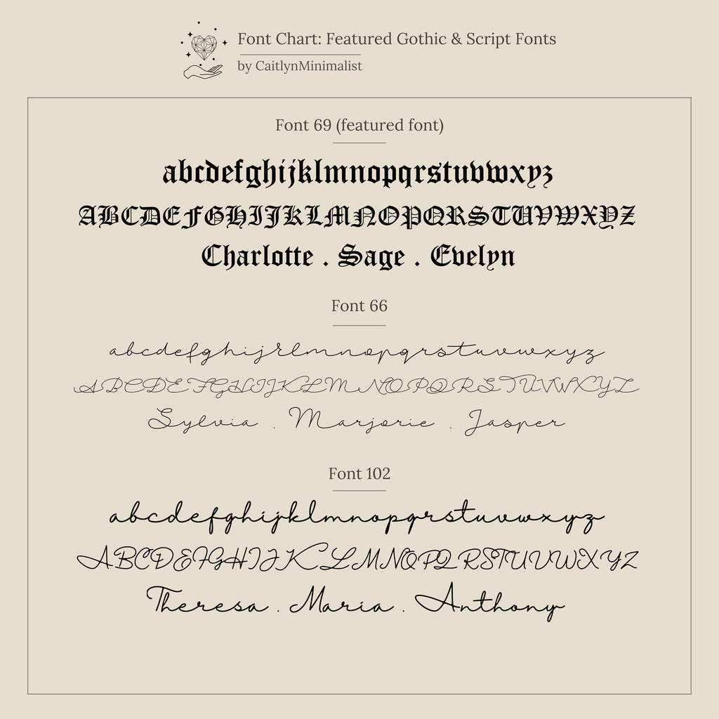 Font chart showcasing three distinct gothic and script fonts with sample names and alphabets—perfect for customizing Old English Dangling Name Earrings or choosing a unique style for your handmade drop earrings gift.