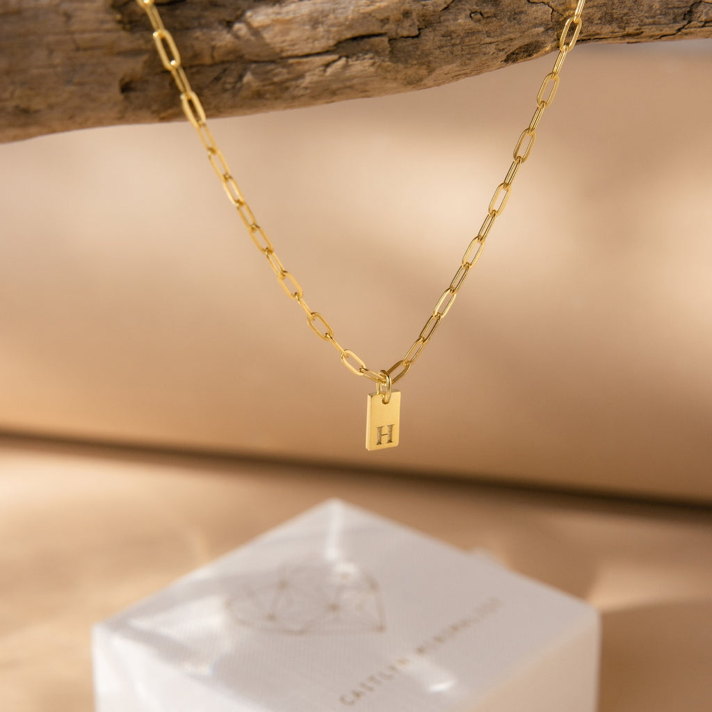 The Mini Initial Paperclip Necklace features a gold chain with a rectangular pendant engraved with the letter H, hanging elegantly from a branch—perfect for adding a personalized touch to any look.