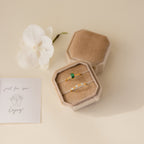 The 2 Slot Velvet Ring Box in elegant beige holds two gold rings, displayed with an orchid flower and a note reading "just for you! Enjoy!" nearby.